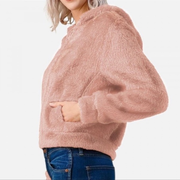 Mauve Hooded Sherpa Jacket with Pockets - Picture 3 of 3